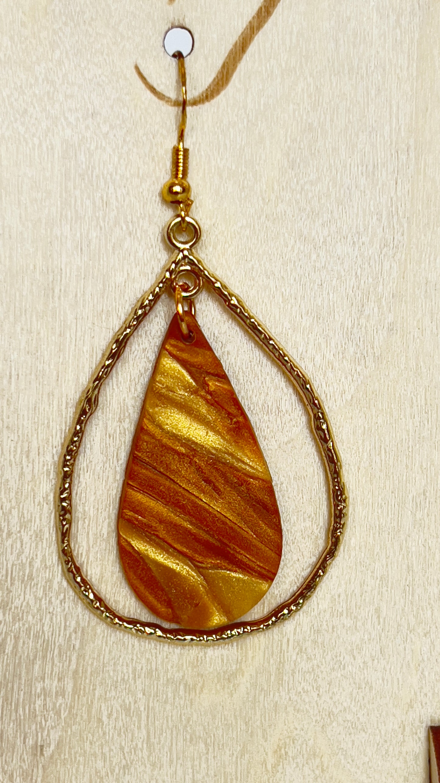 Gold Teardrop with varying copper and gold teardrop polymer clay earrings. Each earring is handmade. hypoallergenic hooks