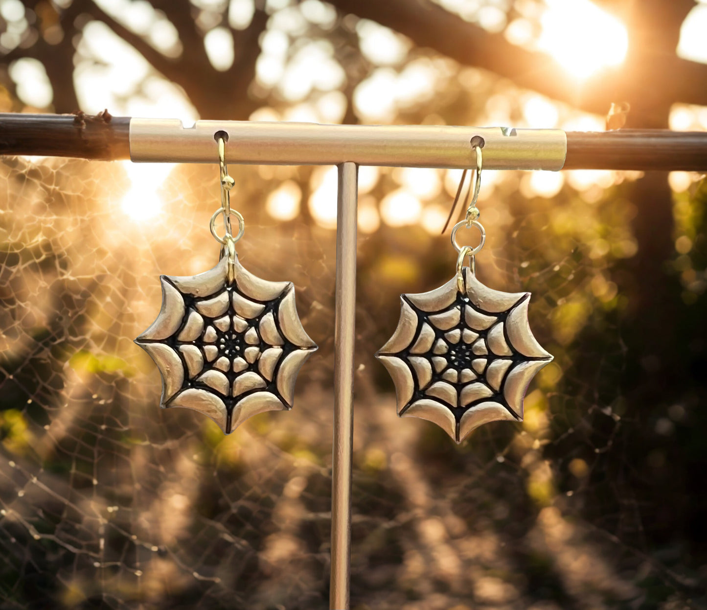 Black and gold spider web Halloween dangling earrings