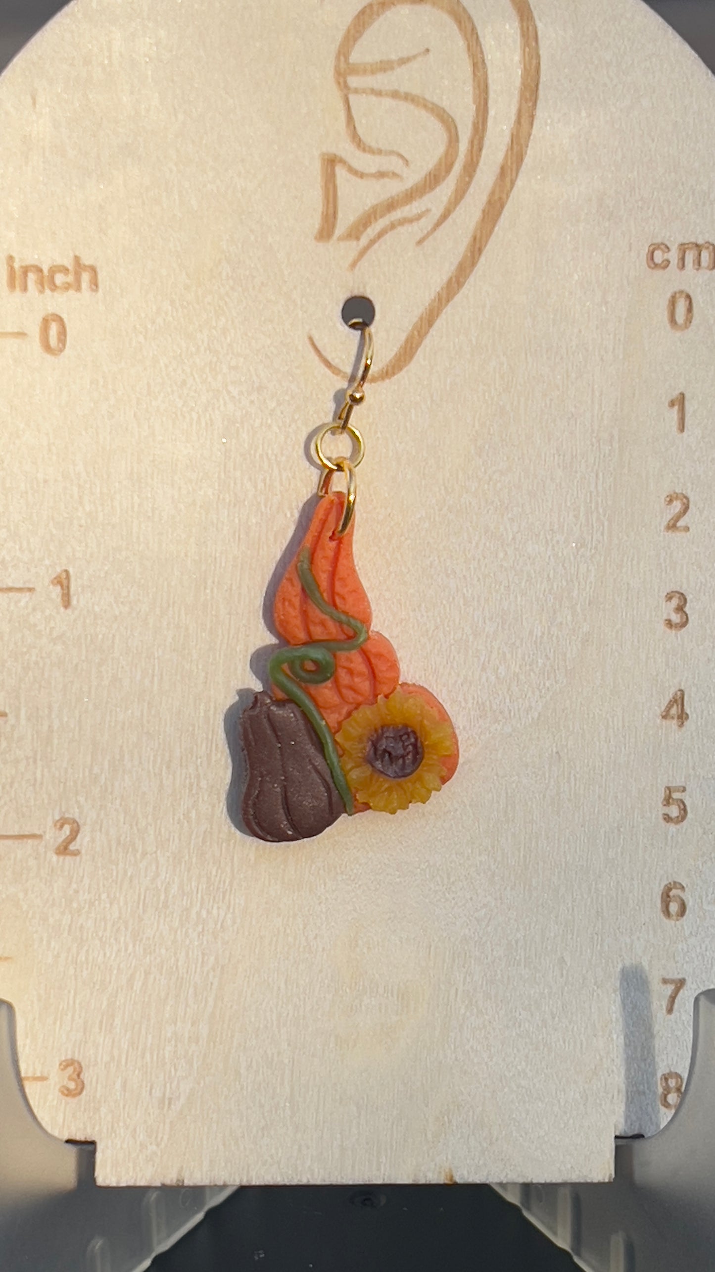 Pumpkin and sunflower, handmade dangling lightweight earrings. Hypoallergenic hooks