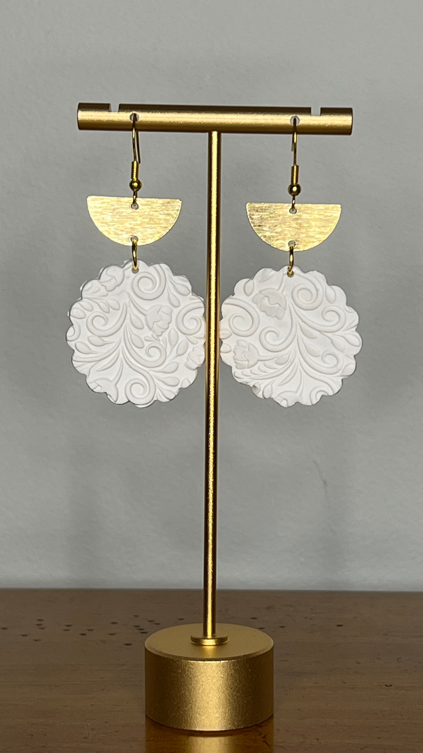 White Polymer Clay Dangling Earrings, Gold Charm, Hypoallergenic Hooks