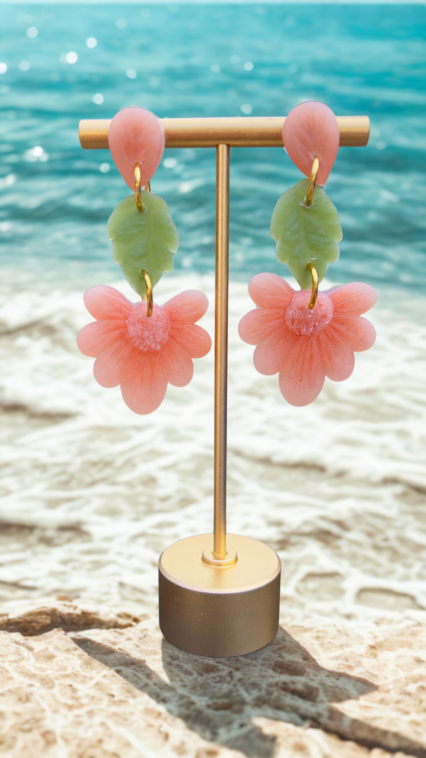 Handmade Peachy/Orange Flower with a green leaf
