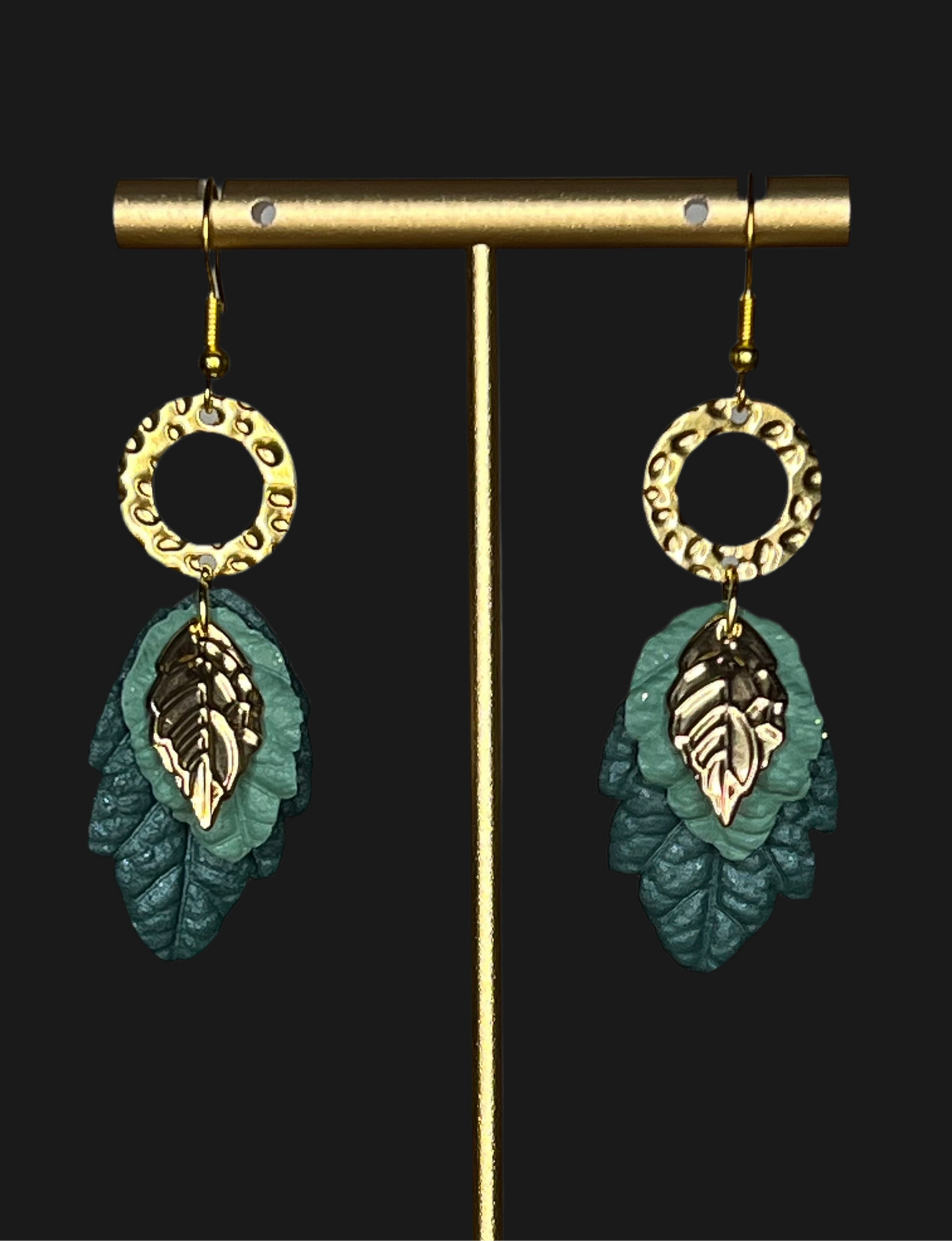 Green Leaves Polymer Clay, 14k Gold Plated Charm, Hypoallergenic Hooks