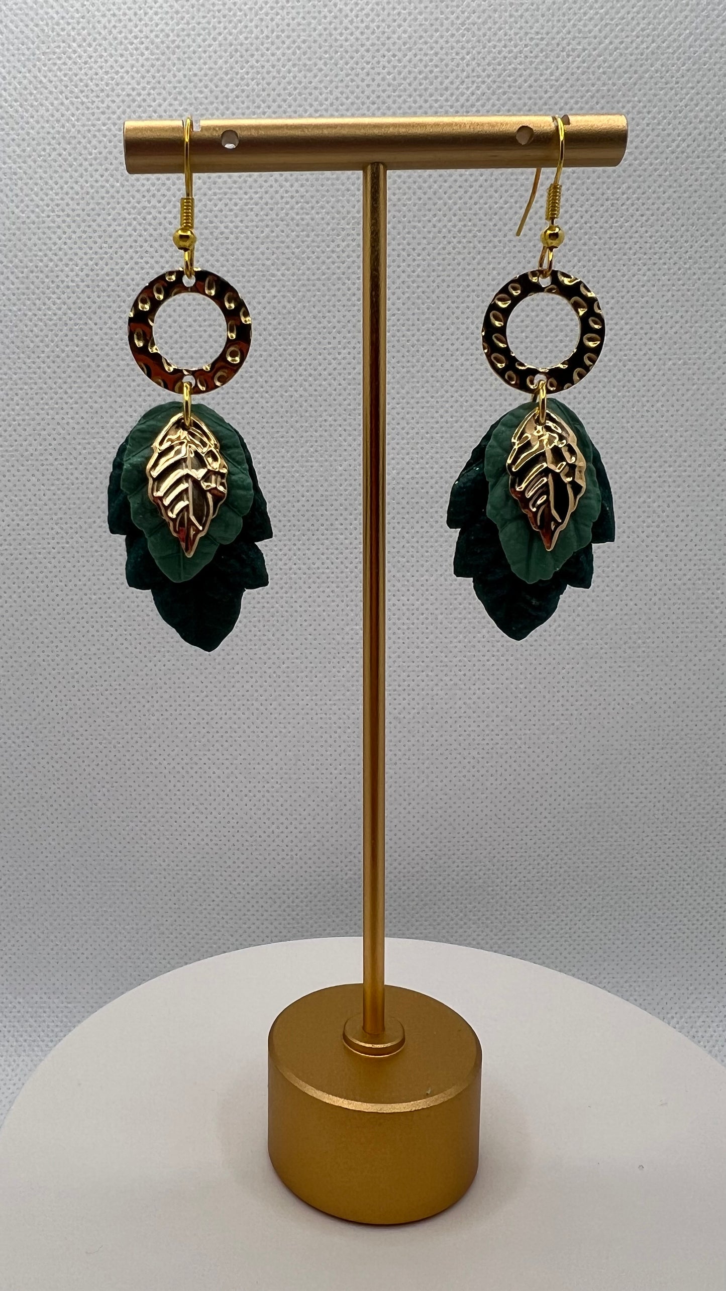 Green Leaves Polymer Clay, 14k Gold Plated Charm, Hypoallergenic Hooks