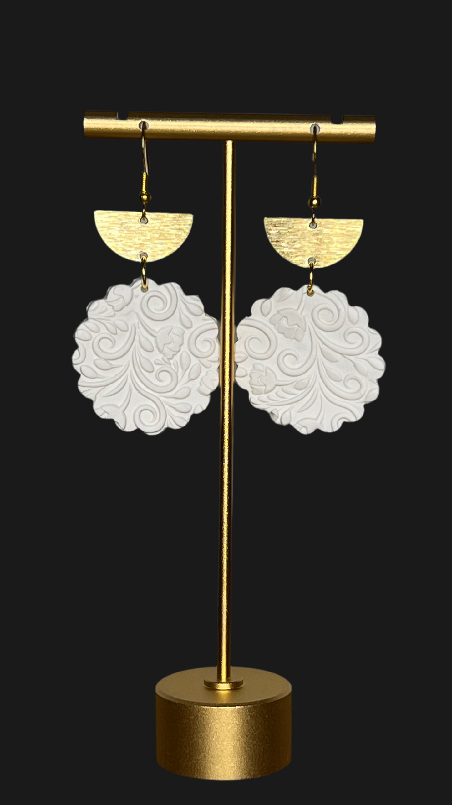 White Polymer Clay Dangling Earrings, Gold Charm, Hypoallergenic Hooks