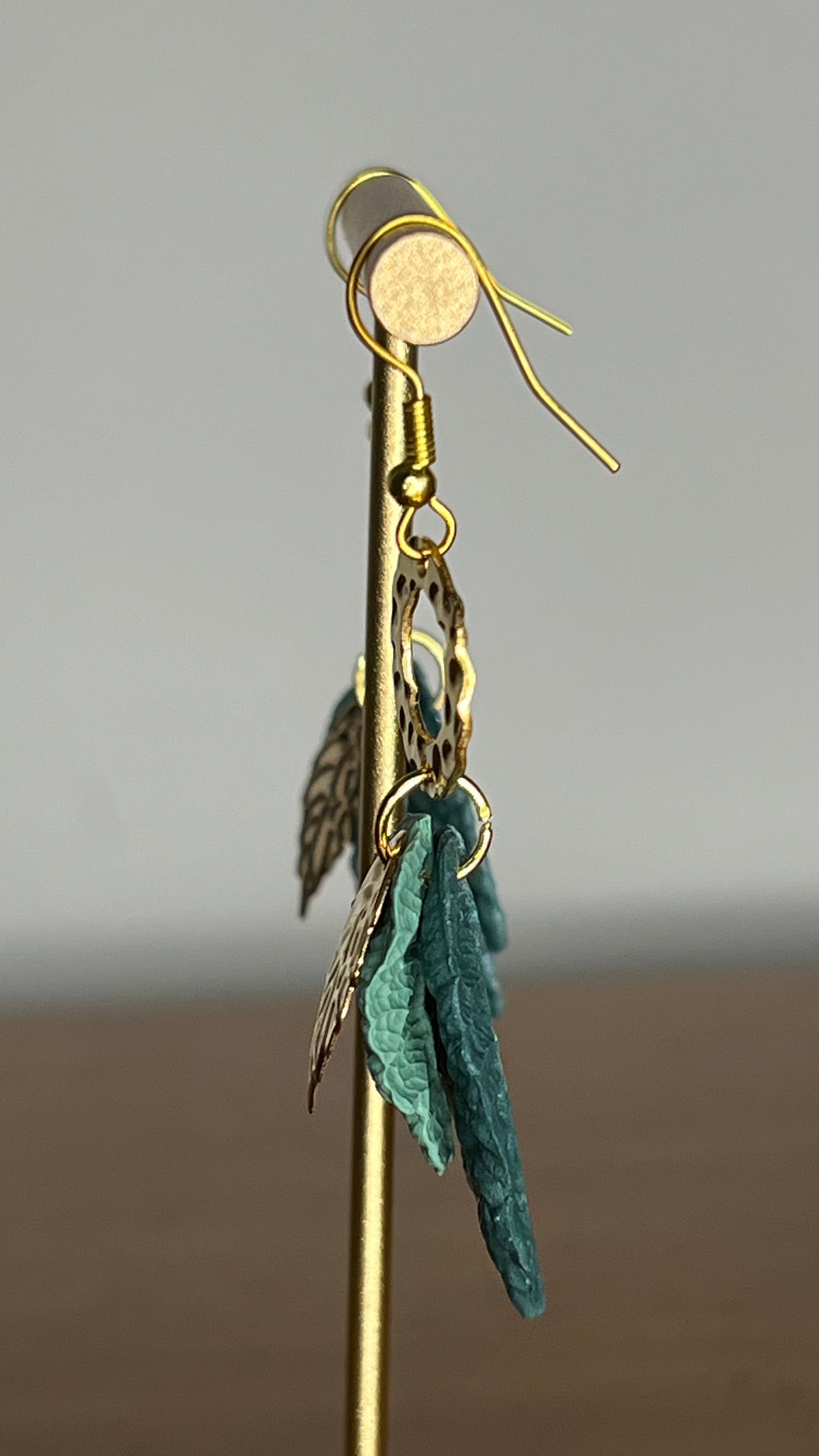 Green Leaves Polymer Clay, 14k Gold Plated Charm, Hypoallergenic Hooks