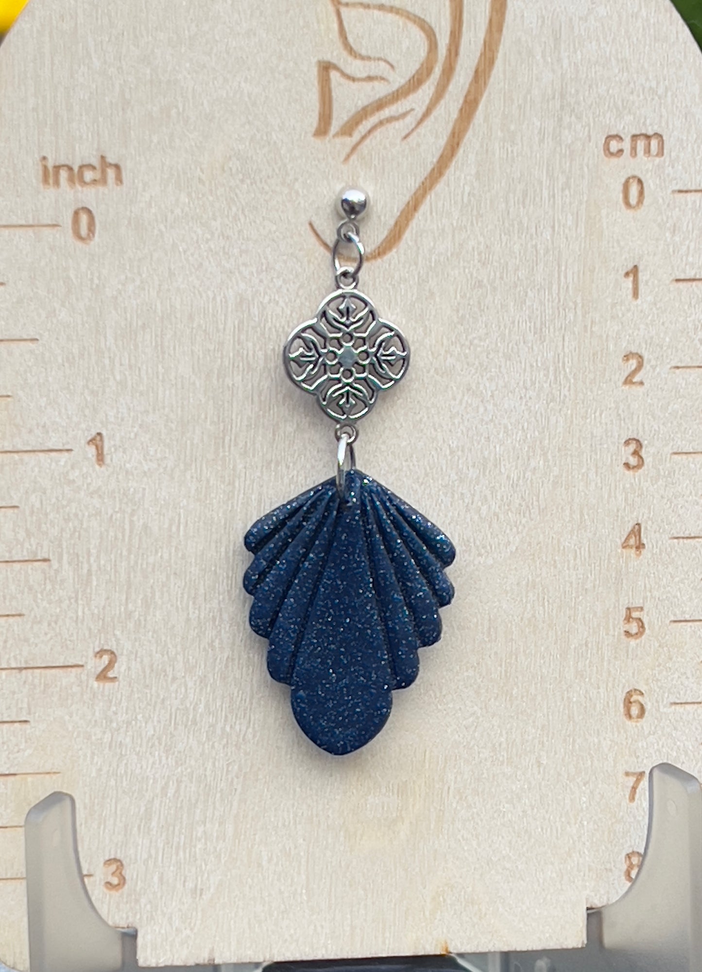 Handmade navy blue with silver specs polymer clay dangling earrings. Silver charm. Very lightweight