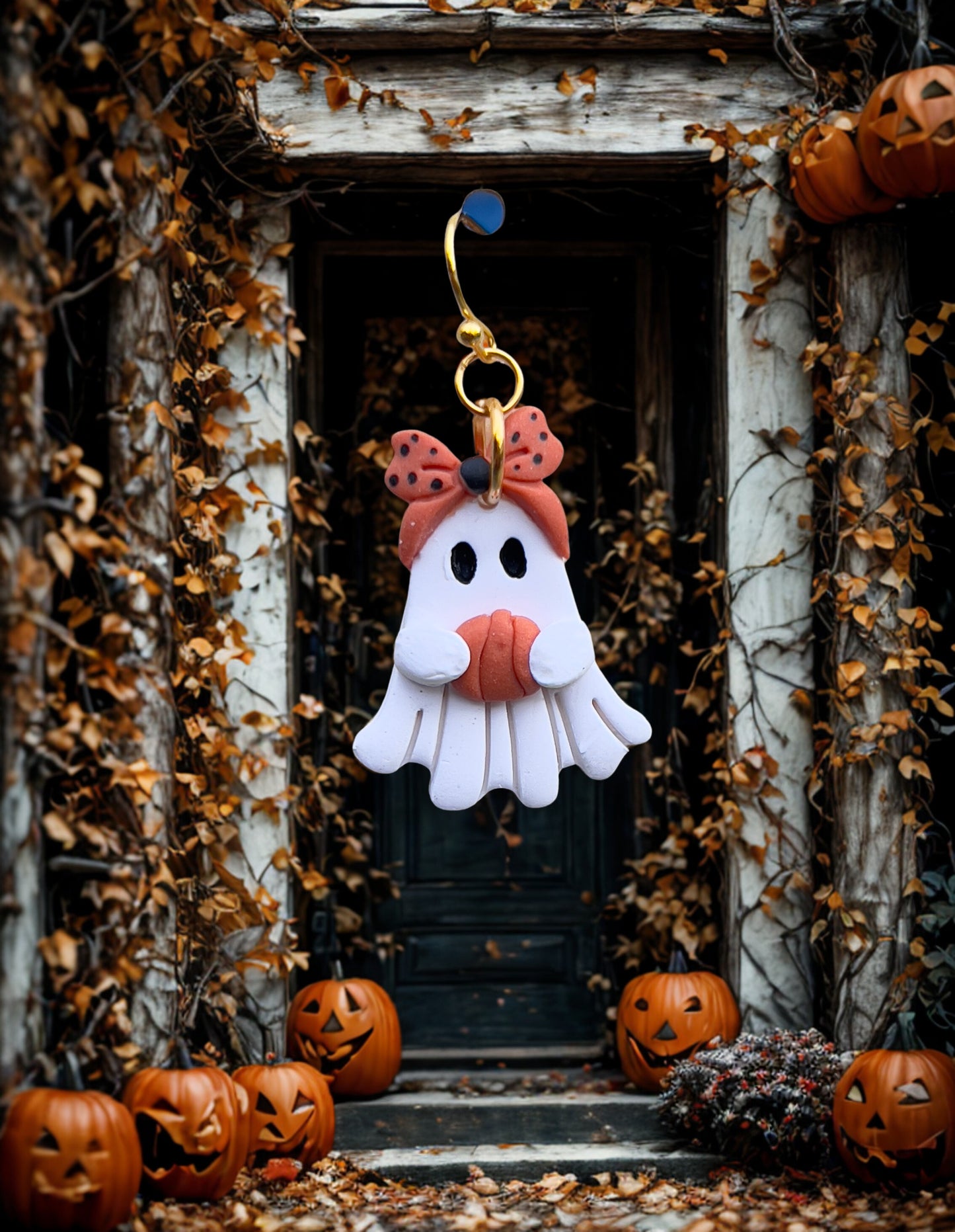 Ghost holding a pumpkin polymer clay light weight dangle earrings