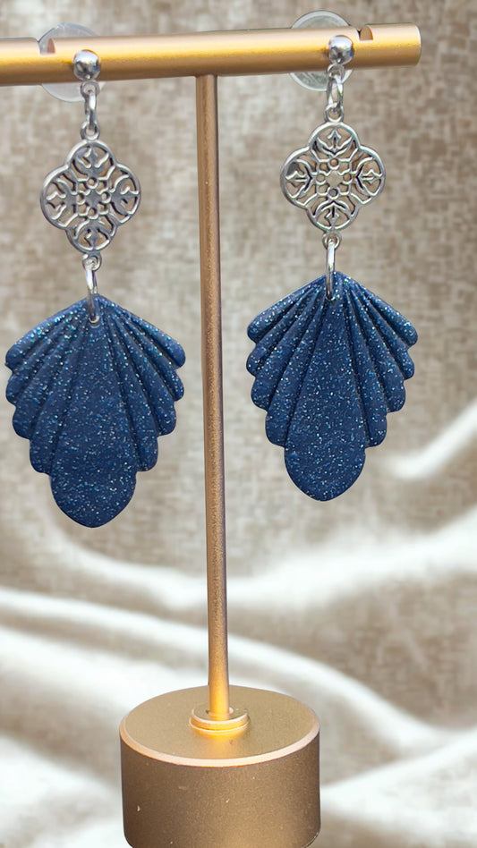 Handmade navy blue with silver specs polymer clay dangling earrings. Silver charm. Very lightweight