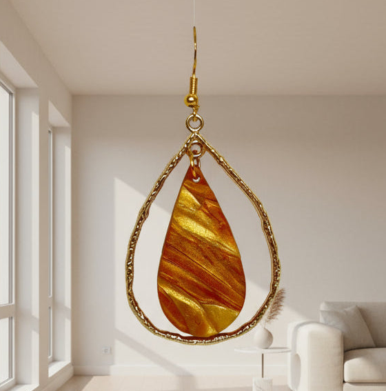 Gold Teardrop with varying copper and gold teardrop polymer clay earrings. Each earring is handmade. hypoallergenic hooks