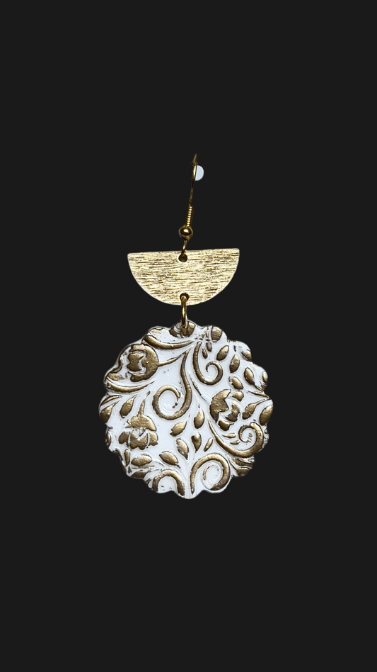White and gold polymer clay handmade and hand painted dangling earrings. Gold tone charm and hypoallergenic hooks