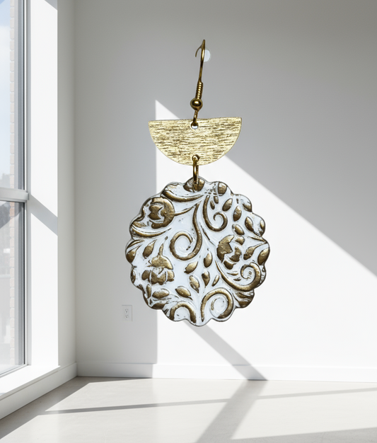 White and gold polymer clay handmade and hand painted dangling earrings. Gold tone charm and hypoallergenic hooks