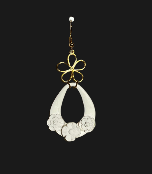 White Hoop and Flowers Dangling Earrings