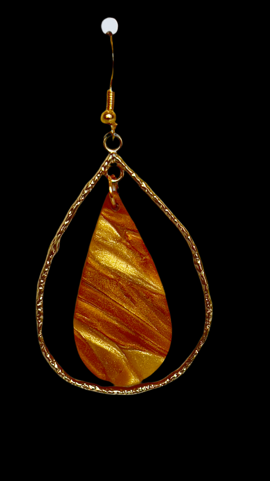Gold Teardrop with varying copper and gold teardrop polymer clay earrings. Each earring is handmade. hypoallergenic hooks