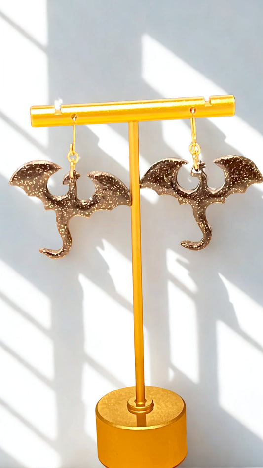 Black and gold dragon dangling earrings. 14k gold plated earrings
