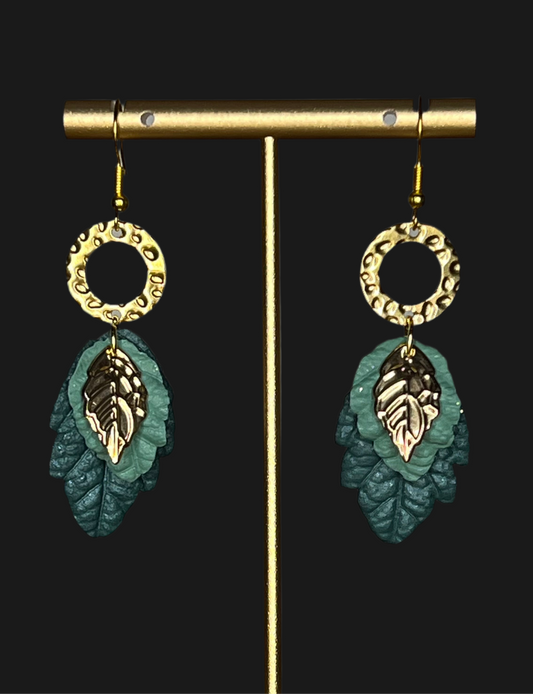 Green Leaves Polymer Clay, 14k Gold Plated Charm, Hypoallergenic Hooks