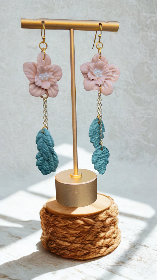 Pinky Peach Tone Flower, Leaves, Hypoallergenic Hooks