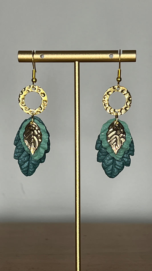 Green Leaves Polymer Clay, 14k Gold Plated Charm, Hypoallergenic Hooks