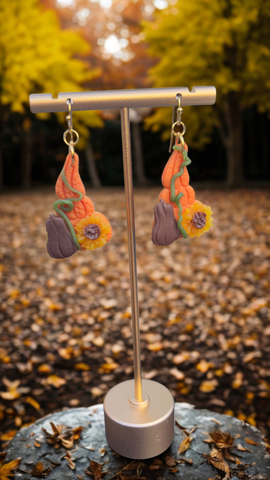 Pumpkin and sunflower, handmade dangling lightweight earrings. Hypoallergenic hooks