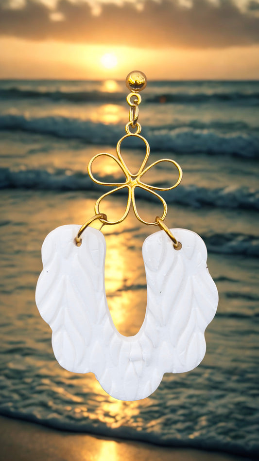 White polymer Clay dangling earrings with gold tone flower charm. Hypoallergenic hooks