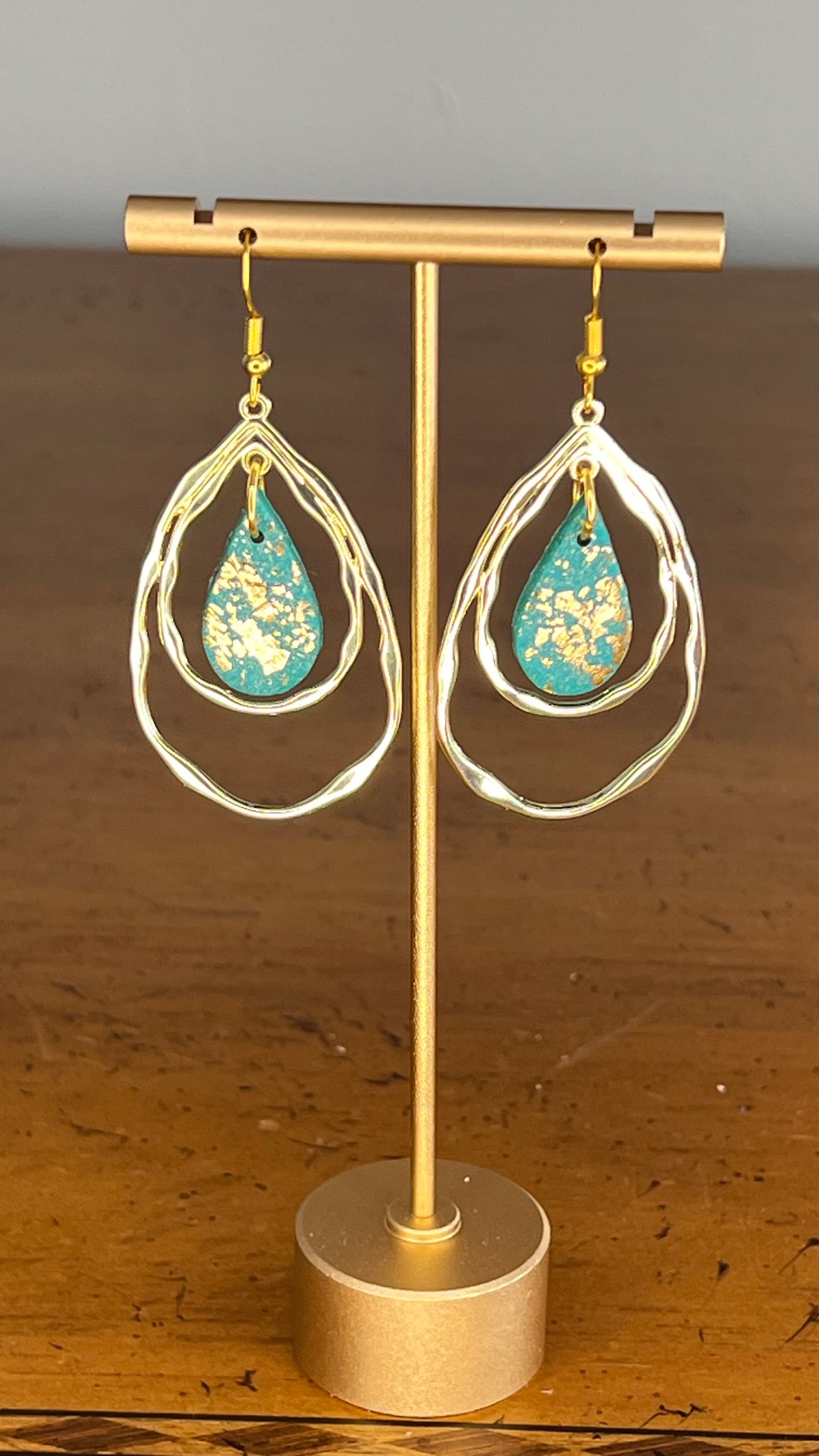 Teal Gold Teardrop Dangling Earrings