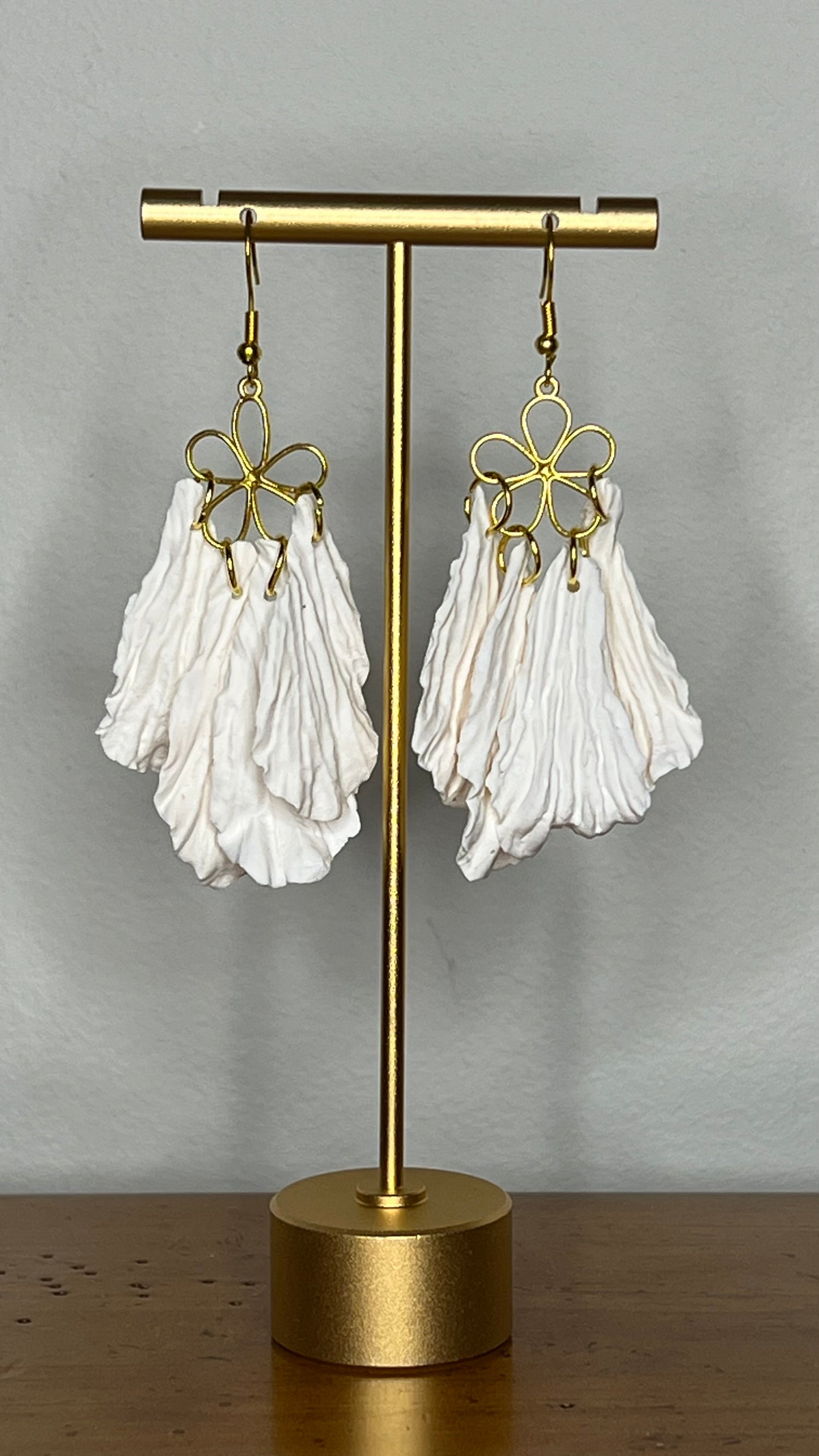 White Polymer Clay Dangling Earrings, Gold Charm, Hypoallergenic Hooks