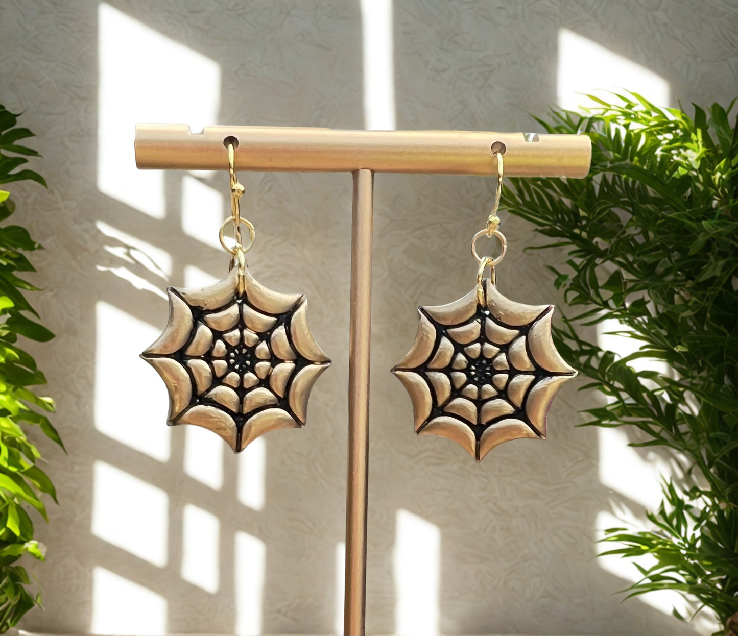 Black and gold spider web Halloween dangling earrings