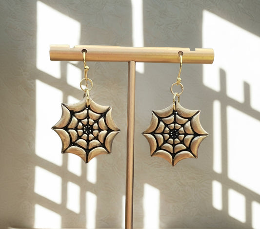 Black and gold spider web Halloween dangling earrings