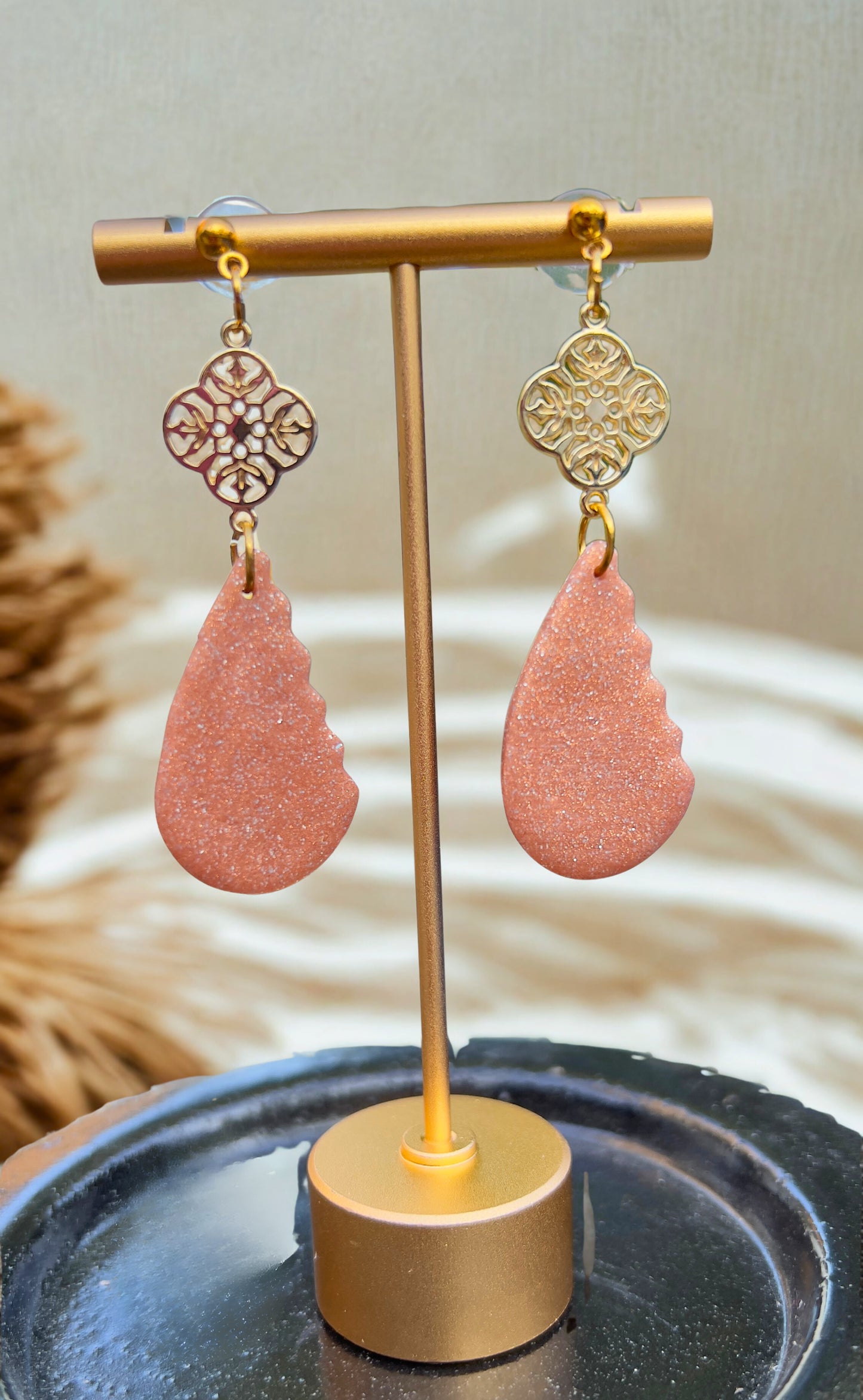 Handmade Copper tones Clay with gold specs dangling earrings