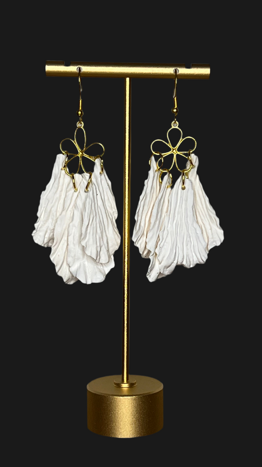 White Polymer Clay Dangling Earrings, Gold Charm, Hypoallergenic Hooks