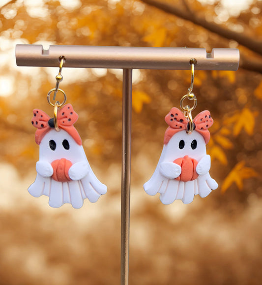 Ghost holding a pumpkin polymer clay light weight dangle earrings